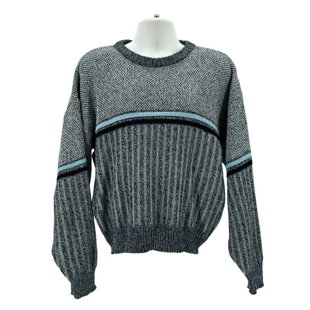 Vintage Weekends Retro Blue Black Knit Grandpa Sweater Mens Large